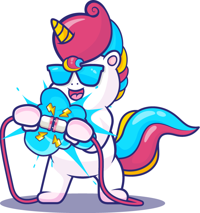 Illustrated unicorn plugging two cords together